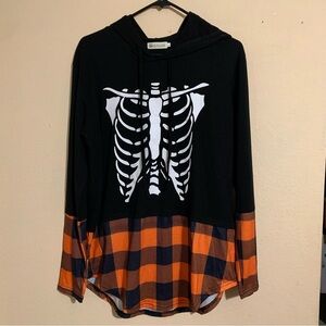 For Gand PL Skeleton Print Hooded Sweatshirt Black Orange Long Sleeve Sz L teens